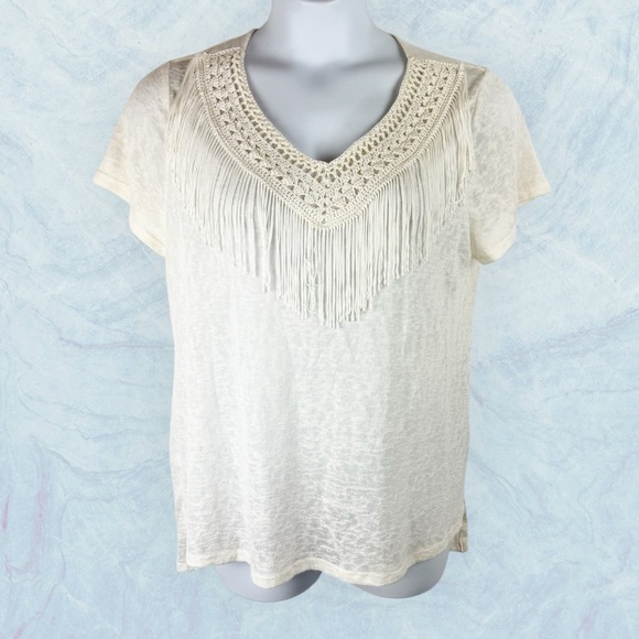 One World Cream Western Crochet Fringe V Neck Burnout Short Sleeve High Lo Top - Picture 1 of 10
